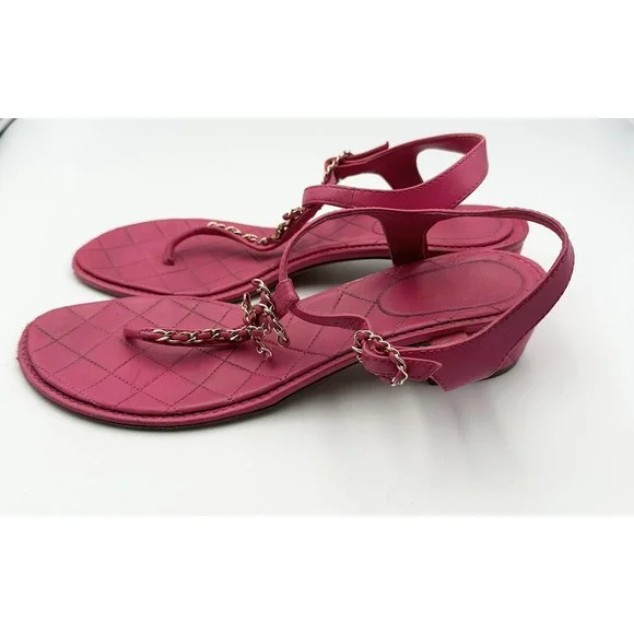 CHANEL Authentic Lambskin Fuchsia And Gold Color Thong Sandals Coco 42 US 11 - Picture 9 of 16